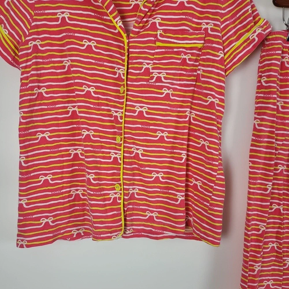 Disney Minnie Mouse Pajama Set L Womens Pink Yellow White Striped Button Front - Picture 4 of 13